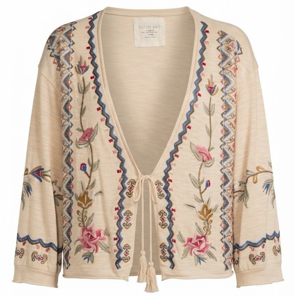 Karyn Seo Large Beige Floral Embroidered Cotton Boho Tie Front Cardigan Top - CJ